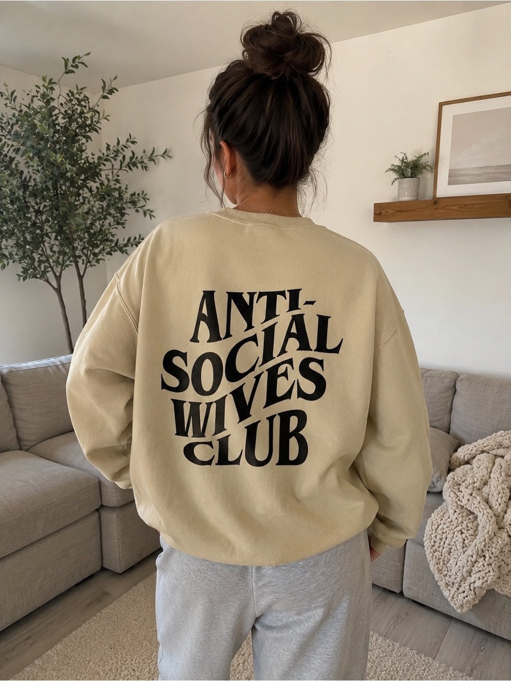 Anti Social Wives Club Beige Graphic Crewneck Sweatshirt Large